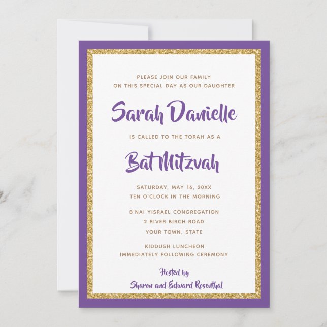 Purple and Gold Glitter Rectangle Bat Mitzvah Invitation (Front)