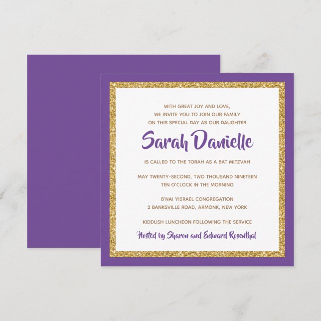 Purple and Gold Glitter Square Bat Mitzvah Invitation (Front/Back)