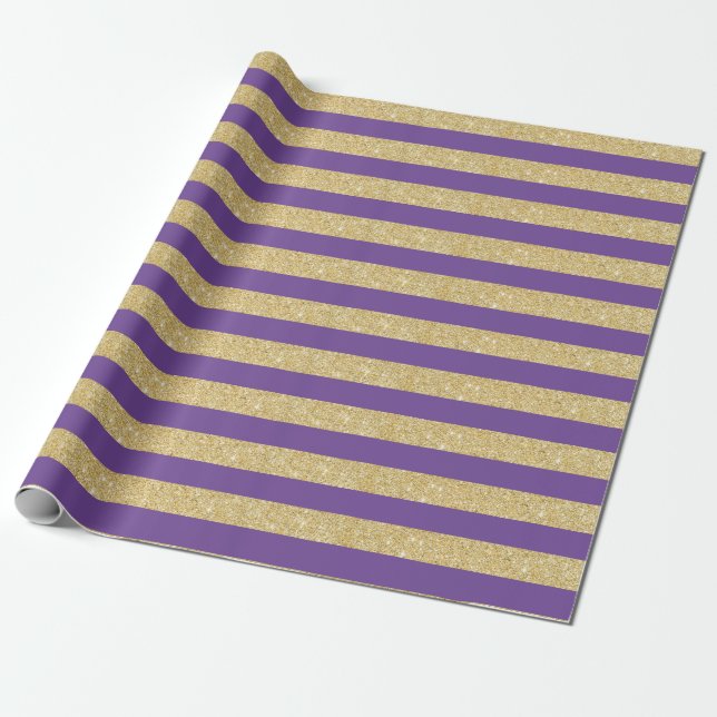 Purple and Gold Glitter Stripes Wrapping Paper (Unrolled)