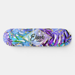 Purple and Gold Glitter Tropical Leaves Custom Skateboard