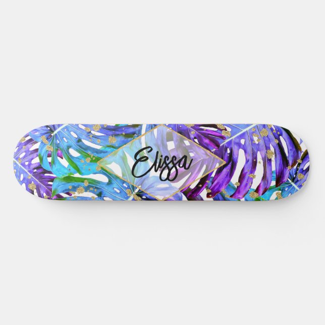 Purple and Gold Glitter Tropical Leaves Custom Skateboard (Horz)