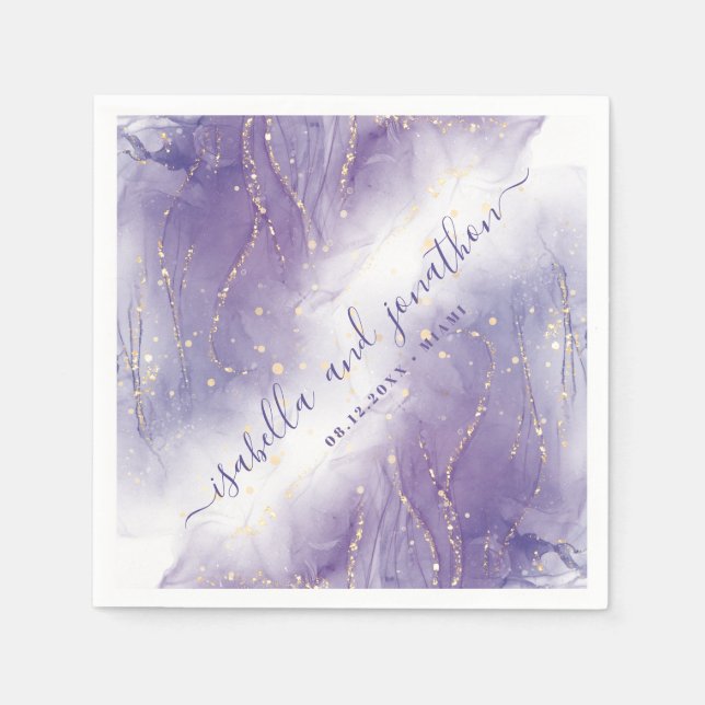Purple and Gold Glitter Watercolor Wedding Napkins (Front)