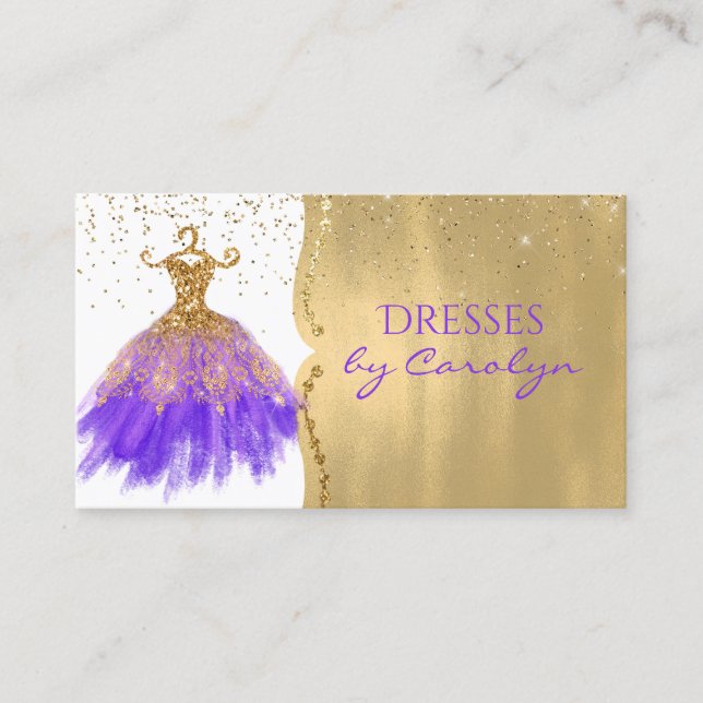 Purple and Gold Glittery Seamstress Business Card (Front)