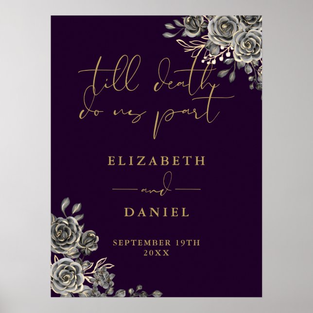 Purple And Gold Goth Roses Floral Wedding Sign (Front)