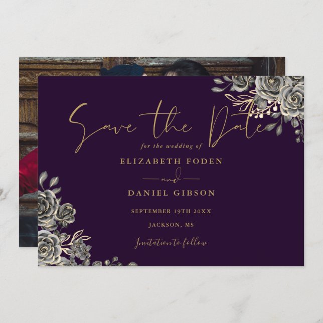 Purple And Gold Gothic Floral Photo Wedding Save The Date (Front/Back)