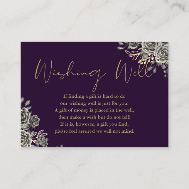Purple And Gold Gothic Floral Wishing Well Wedding Enclosure Card (Front)