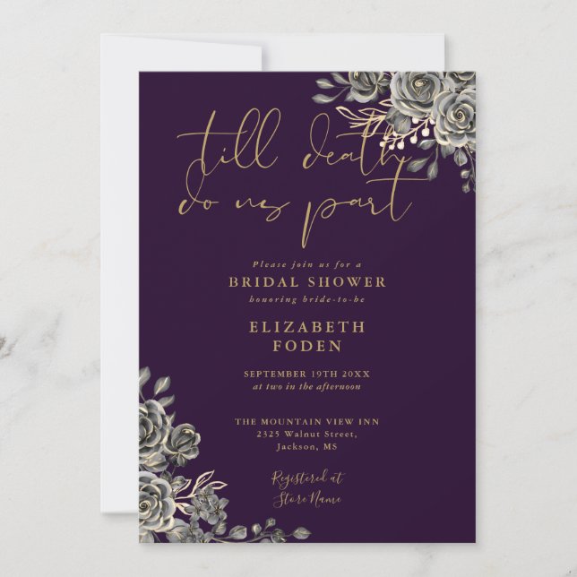 Purple And Gold Gothic Roses Floral Bridal Shower Invitation (Front)