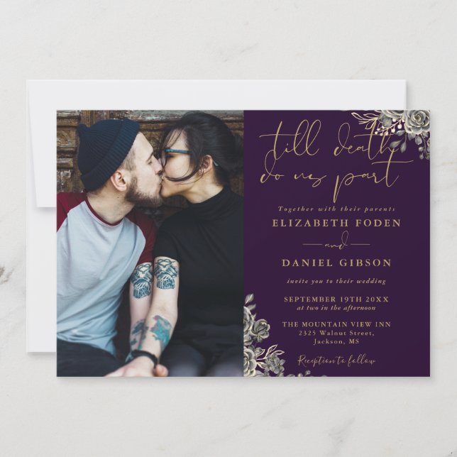 Purple And Gold Gothic Roses Floral Photo Wedding Invitation (Front)