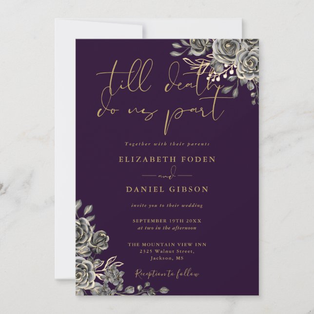 Purple And Gold Gothic Roses Floral Wedding Invitation (Front)