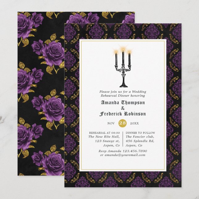 Purple and Gold Gothic Wedding Rehearsal Dinner Invitation (Front/Back)