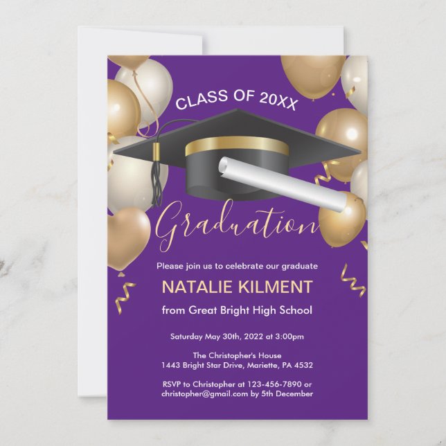 Purple and Gold Graduate Cap Graduation Party Invitation (Front)