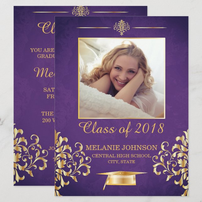 Purple and Gold Graduation Invitation (Front/Back)