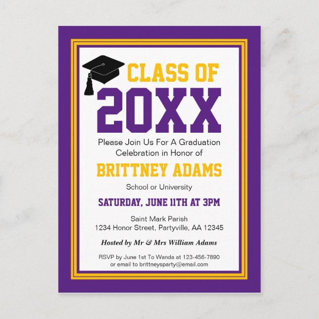 Purple and Gold Graduation Party Invitation Postcard (Front)