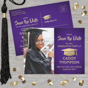 Purple and Gold Graduation Photo Save the Date Postcard