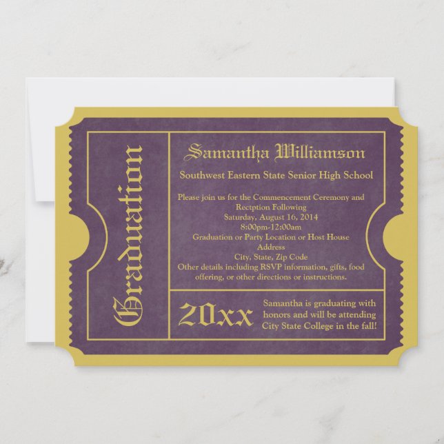 Purple and Gold Graduation Ticket Invitations (Front)