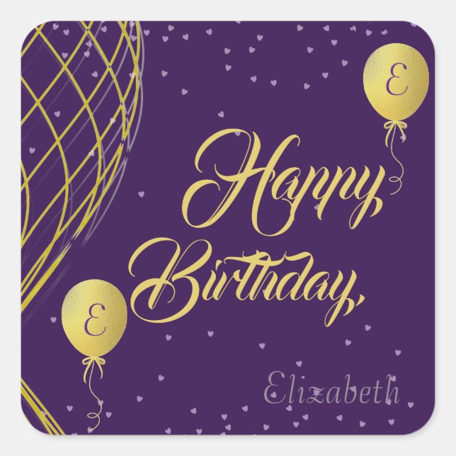 Purple and Gold Happy Birthday Birthday Sticker (Front)
