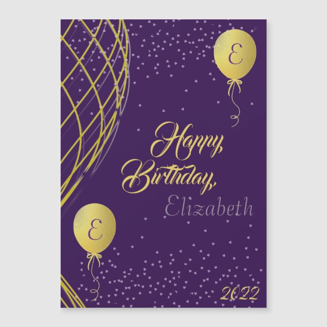 Purple and Gold Happy Birthday Magnetic Card (Front)