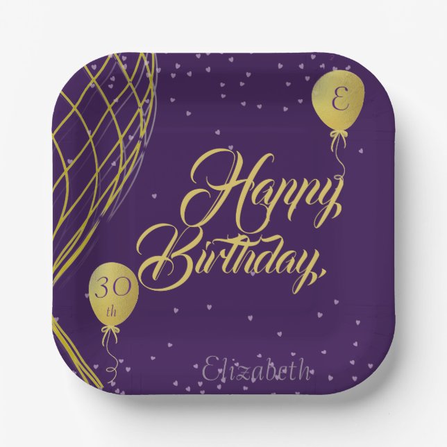 Purple and Gold Happy Birthday Paper Plate (Front)
