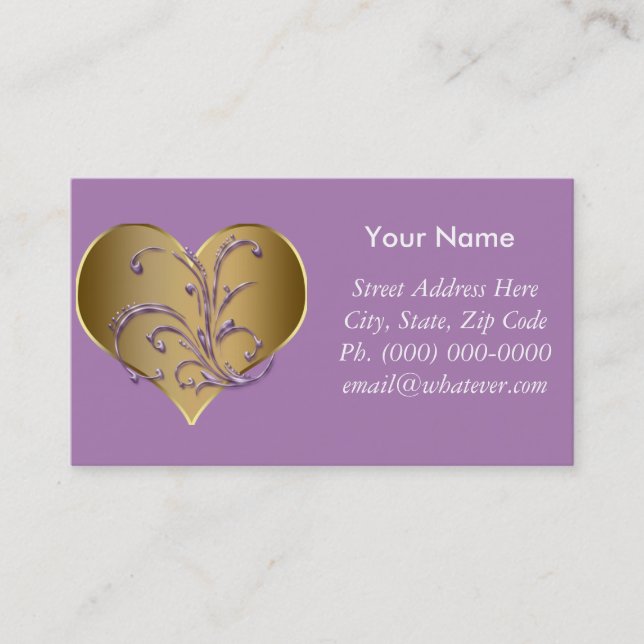 Purple And Gold Heart Business Card (Front)