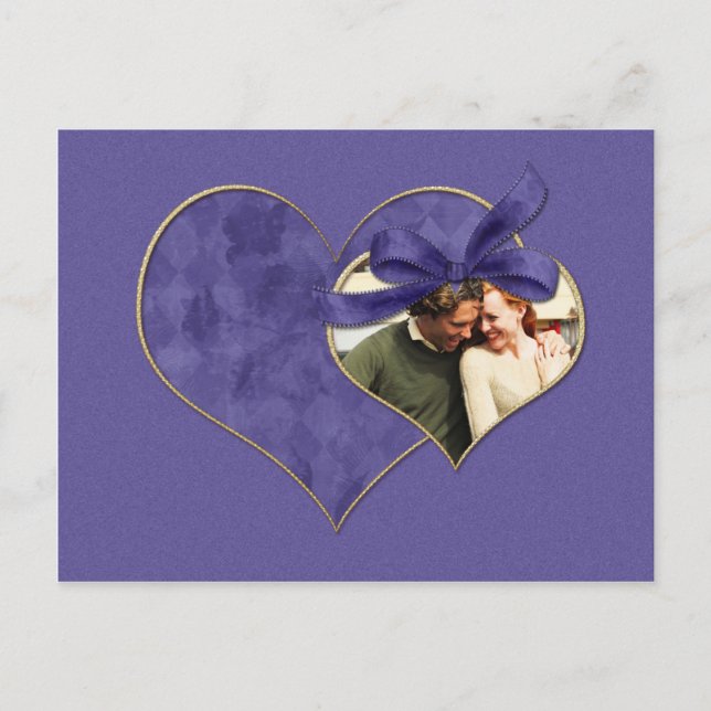 Purple and Gold Hearts Photo Save The Date Announcement Postcard (Front)