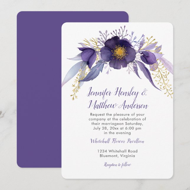 Purple and Gold Hellebore Watercolor Floral Invitation (Front/Back)