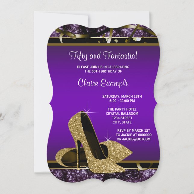 Purple and Gold High Heels Womans Birthday Party Invitation (Front)