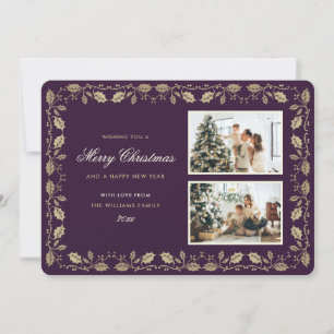 Purple and Gold Holly Family Photo Holiday Card