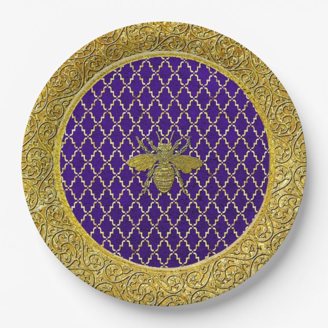Purple and Gold Honey Bee Any Occasion Paper Plate (Front)