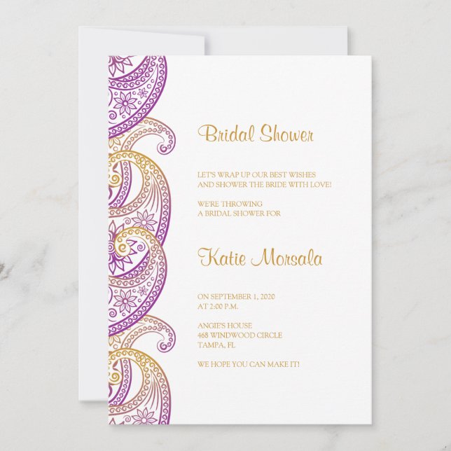 Purple and Gold Indian Paisley Bridal Shower Invitation (Front)