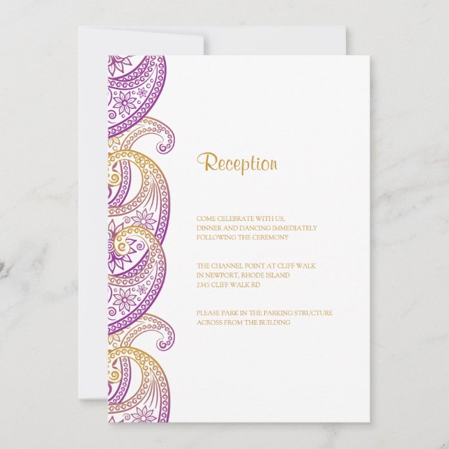 Purple and Gold Indian Paisley Wedding Reception Invitation (Front)