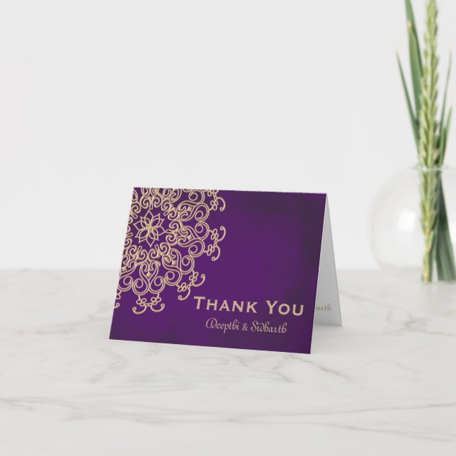 PURPLE AND GOLD INDIAN STYLE WEDDING THANK YOU CARD (Front)