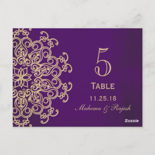 PURPLE AND GOLD INDIAN WEDDING TABLE NUMBER CARD
