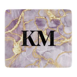 Purple and Gold Ink Marble Monogrammed Cutting Board