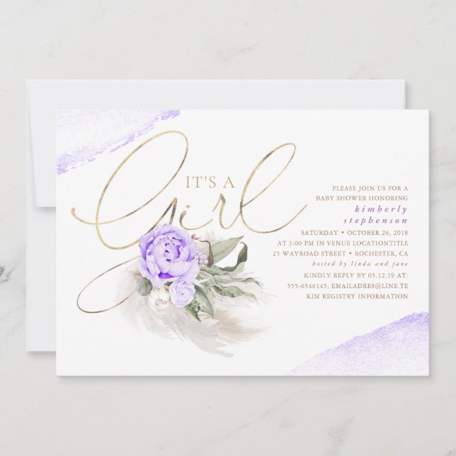 Purple and Gold Its A Girl Floral Boho Baby Shower Invitation (Front)