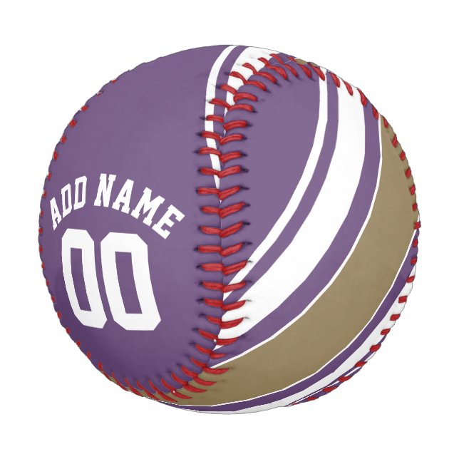 Purple and Gold Jersey Stripes Custom Name Number Baseball (Angled)