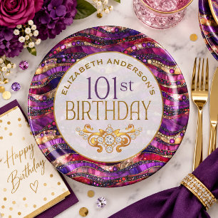 Purple and Gold Jewelled Strata 101st Birthday Paper Plate