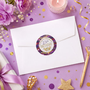 Purple and Gold Jewelled Strata 25th Birthday Classic Round Sticker