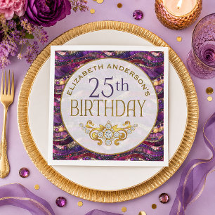 Purple and Gold Jewelled Strata 25th Birthday Napkin