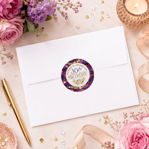 Purple and Gold Jewelled Strata 30th Birthday Classic Round Sticker
