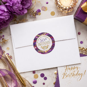 Purple and Gold Jewelled Strata 50th Birthday Classic Round Sticker