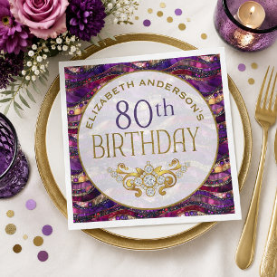 Purple and Gold Jewelled Strata 80th Birthday Napkin