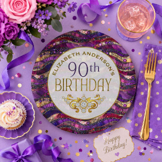 Purple and Gold Jewelled Strata 90th Birthday Paper Plate