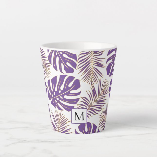 Purple and gold leaves and monogram latte mug (Front)