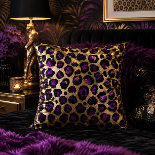 Purple and Gold Leopard Print Animal Pattern Cushion