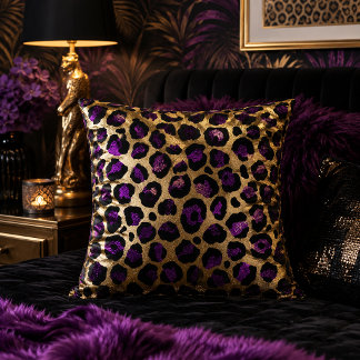 Purple and Gold Leopard Print Animal Pattern Cushion