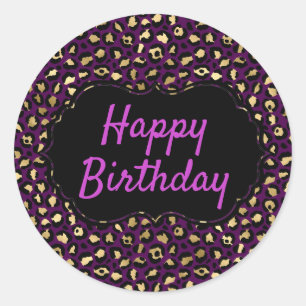 Purple and Gold Leopard Print Birthday Classic Round Sticker