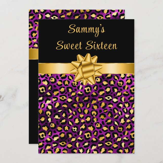 Purple and Gold Leopard Print Sweet Sixteen Invitation (Front/Back)