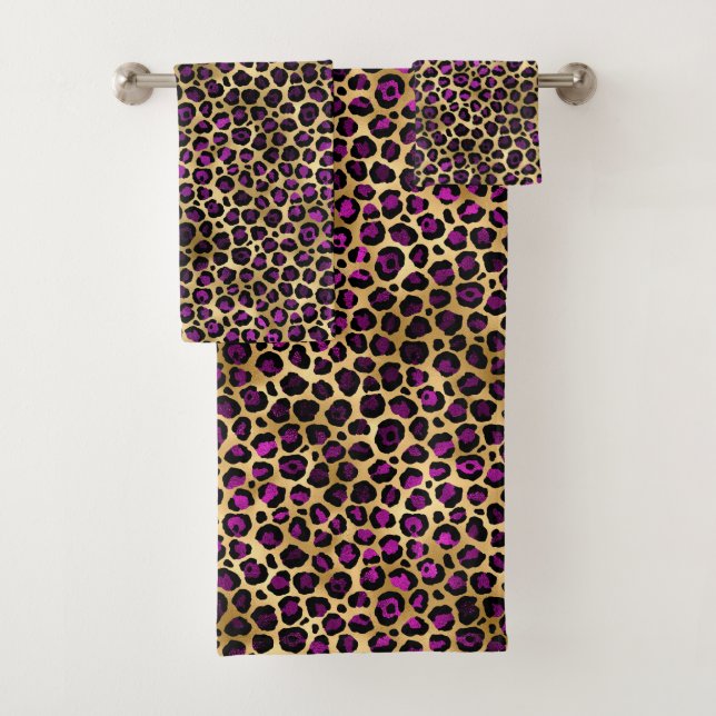 Purple and Gold Leopard Series Design 4 Bath Towel Set (Insitu)