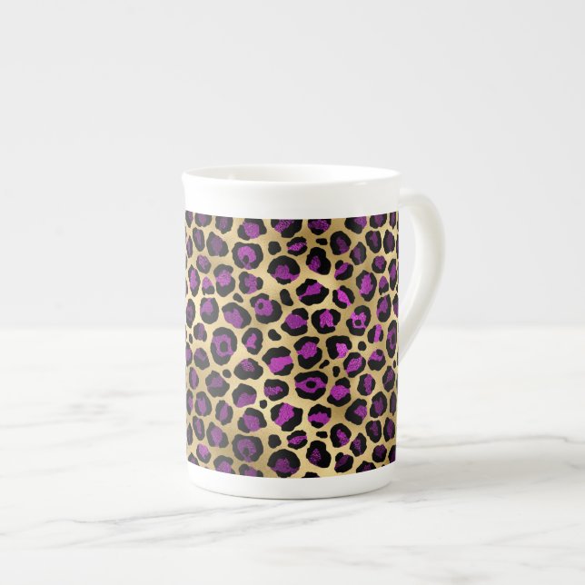 Purple and Gold Leopard Series Design 4 Bone China Mug (Front Right)