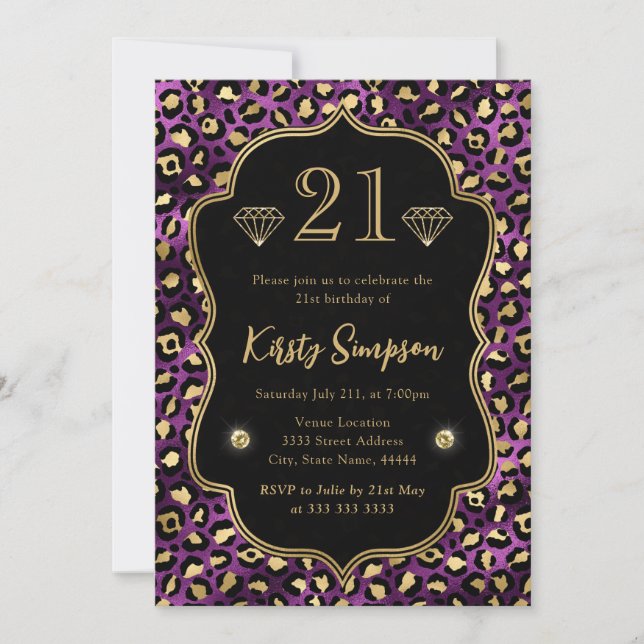 Purple and Gold Leopard Spots 21st Birthday Invitation (Front)